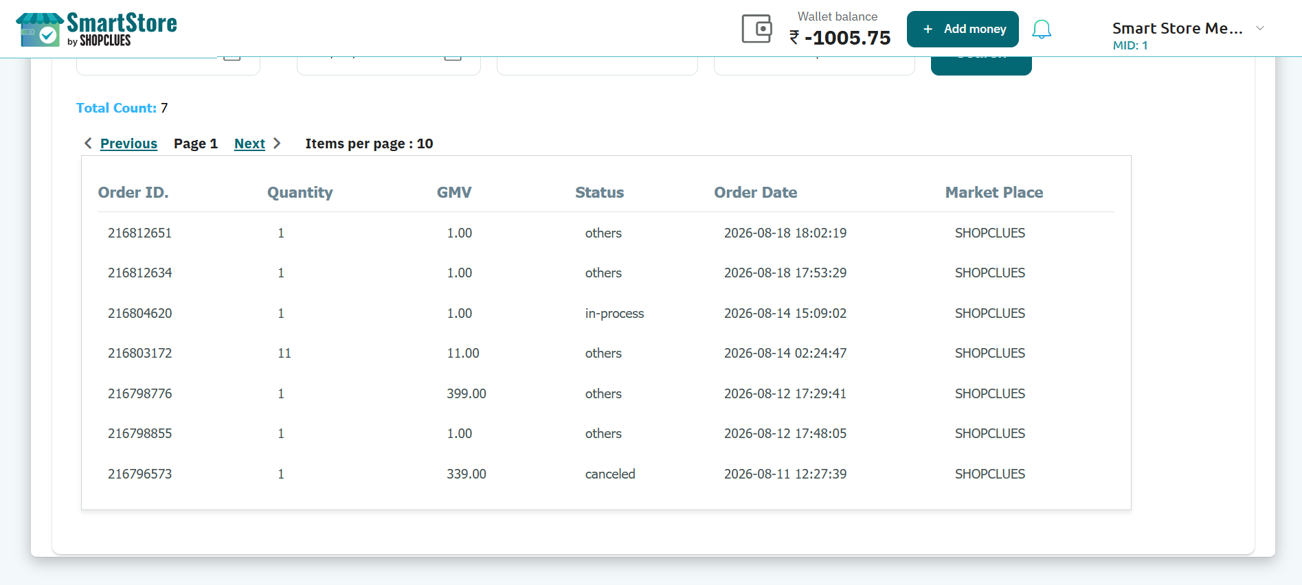 SmartStore order dashboard with pagination controls